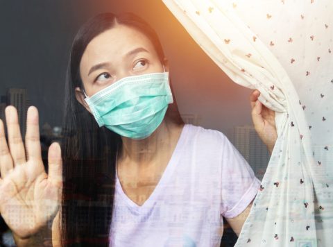 home quarantine concept. woman at risk of being infected with the Coronavirus stay isolation at home for self quarantine, prevention spreading of germs during COVID-19 Coronavirus outbreak situation
